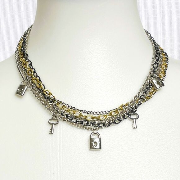 Multi Strand Charm Necklace Dangle Keys Locks Chains Steampunk Tri Color Metal - Picture 3 of 9
